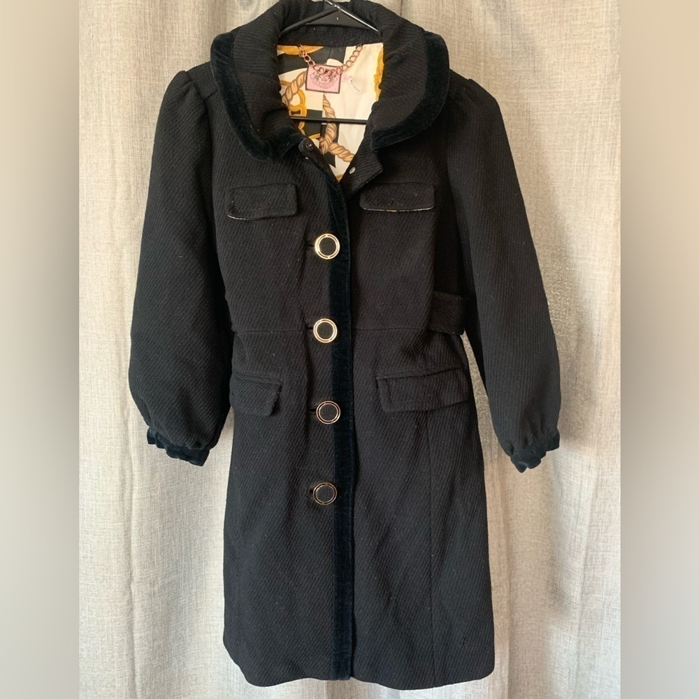 Juicy Couture Long Black Pea Coat Puff Sleeves Women’s Small